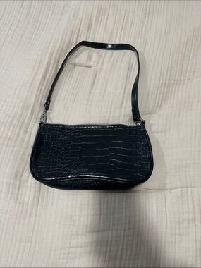 Black Croc-Embossed Shoulder Bag